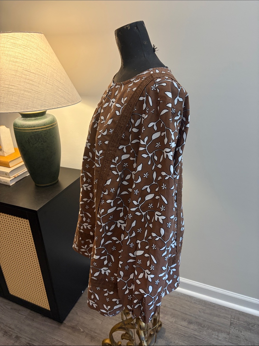 Land’s End 100% Cotton Boho Pop-Over Brown Floral Peasant Tunic Top Size 1X - Picture 5 of 13